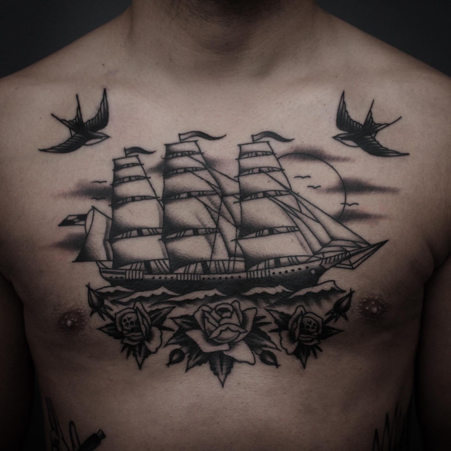 american traditional ship tattoo chest