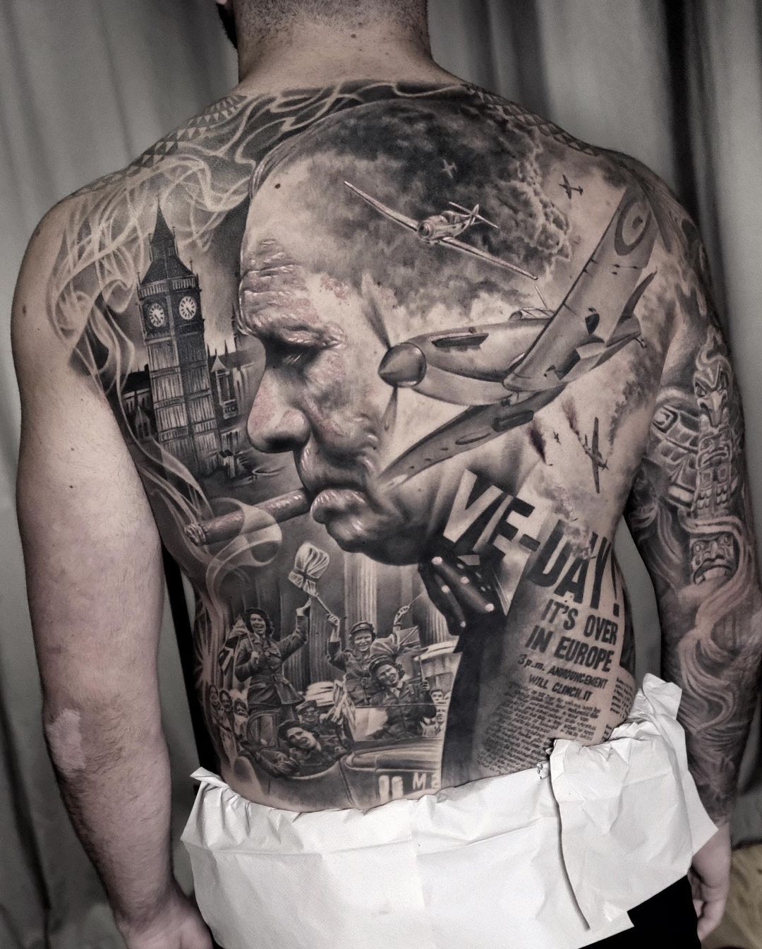black and grey realism tattoo Winston Churchill