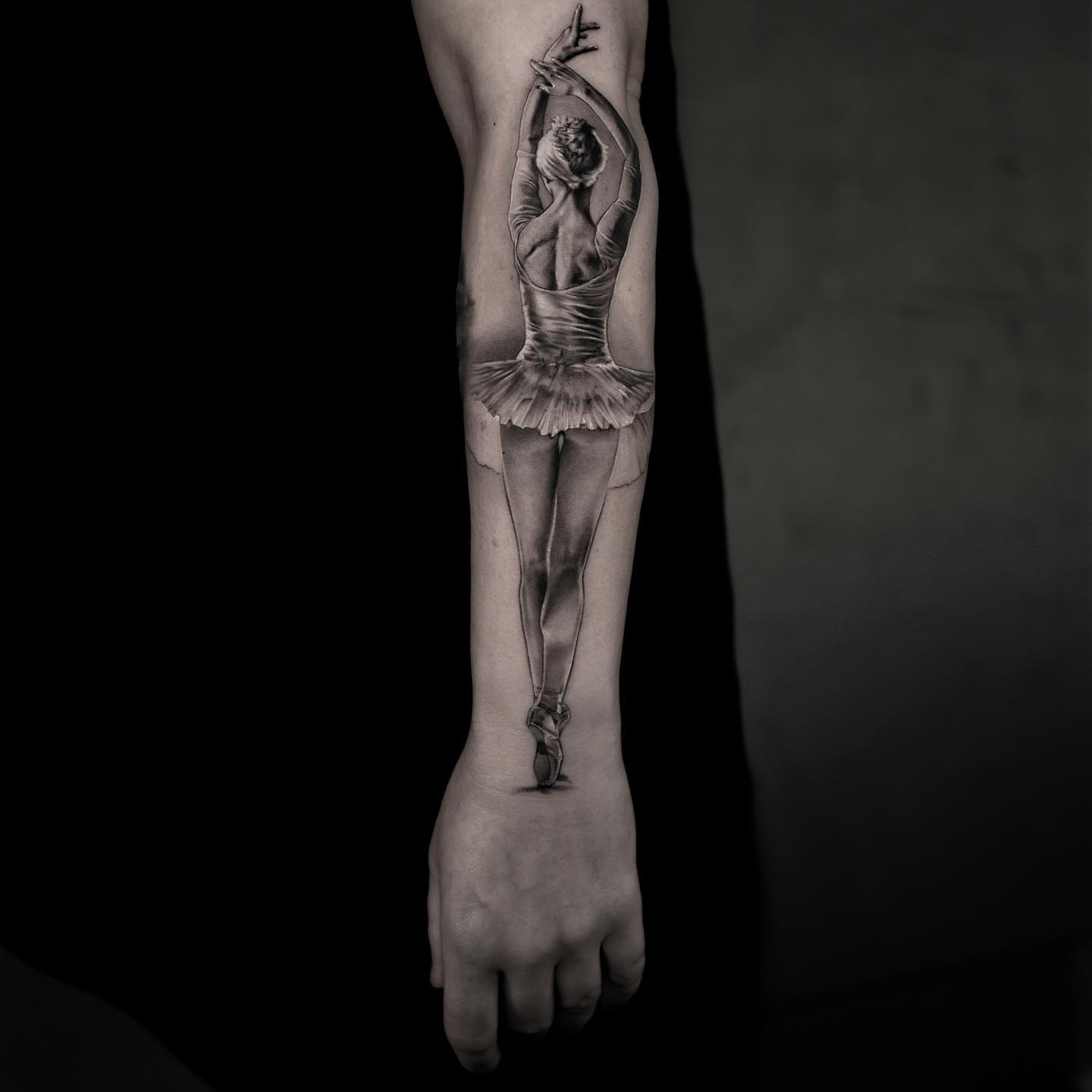 black and grey realism tattoo ballerina