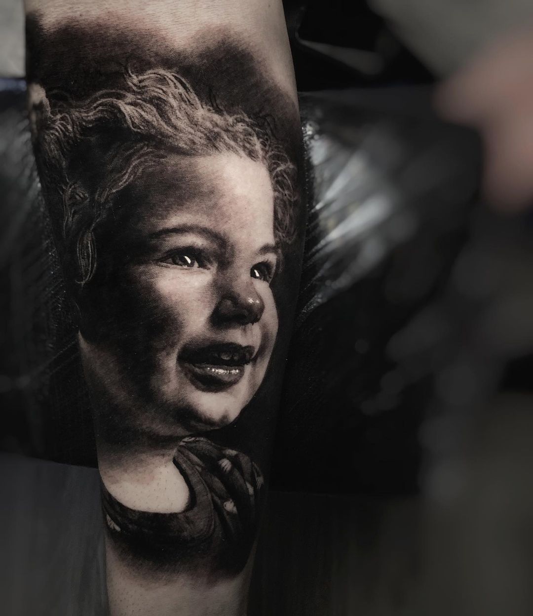 black and grey realism tattoo children