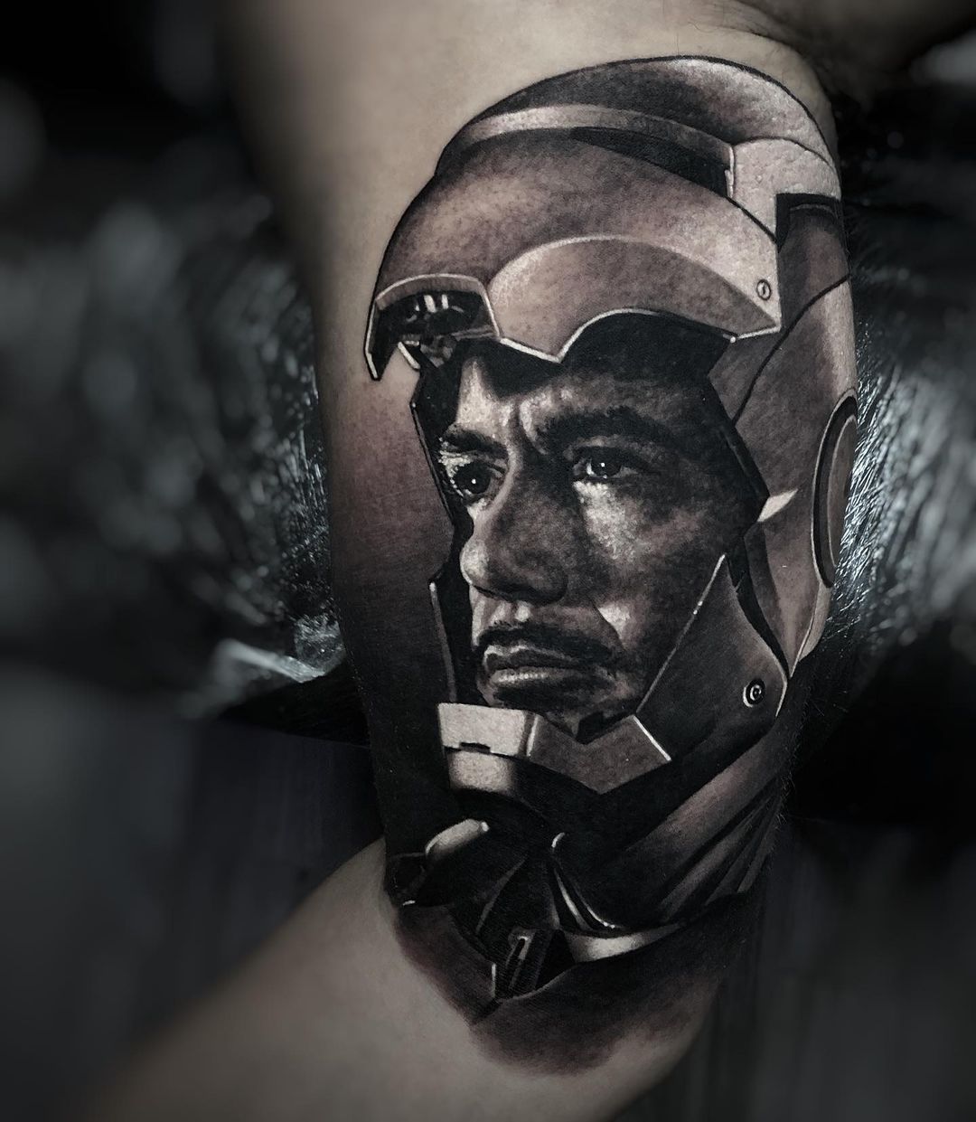 black and grey realism tattoo ironman