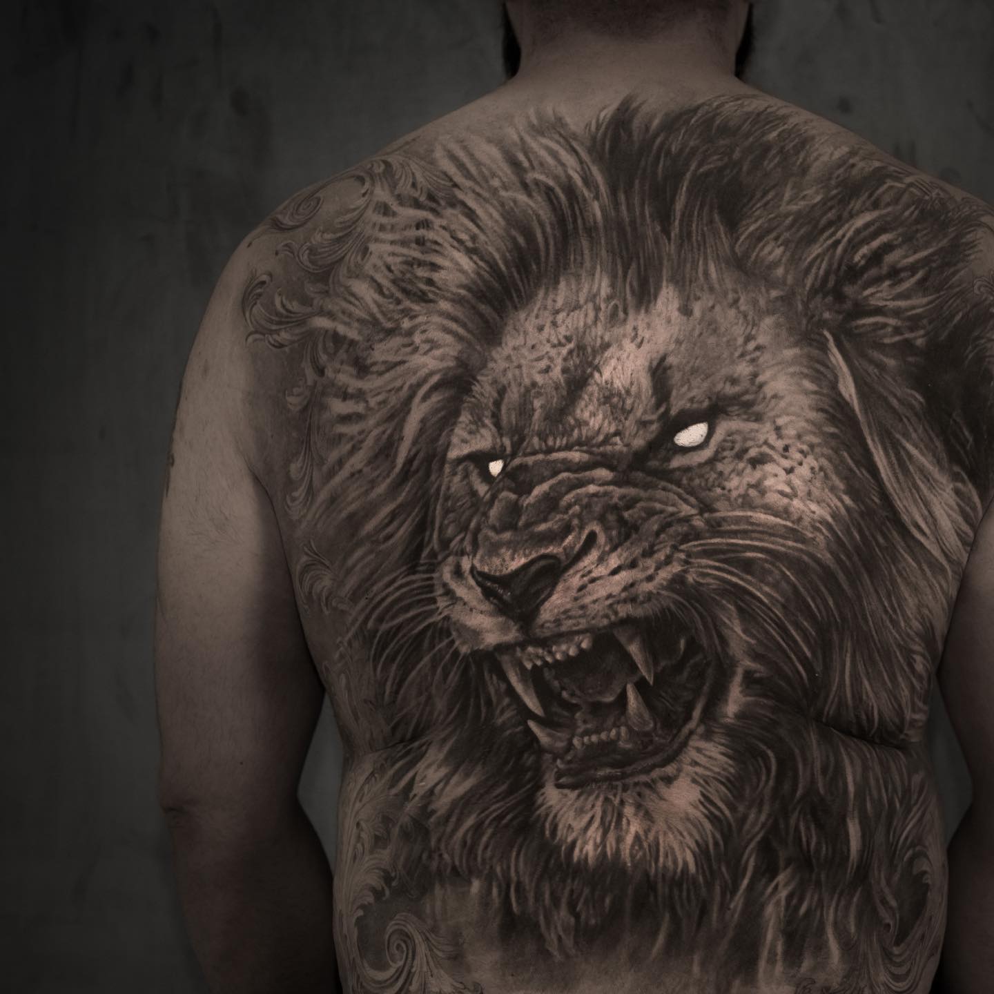 black and grey realism tattoo lion on back