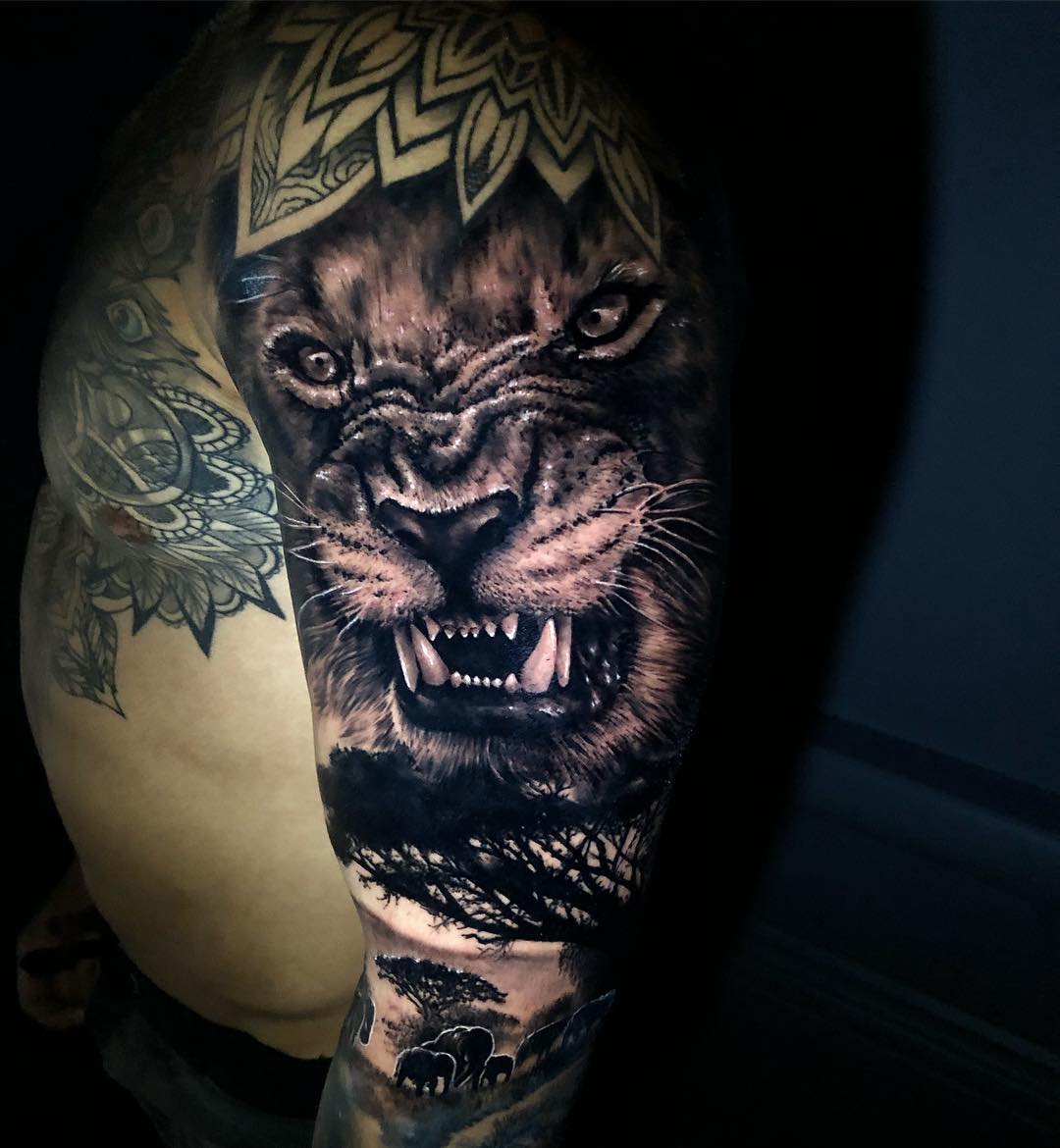 black and grey realism tattoo lion