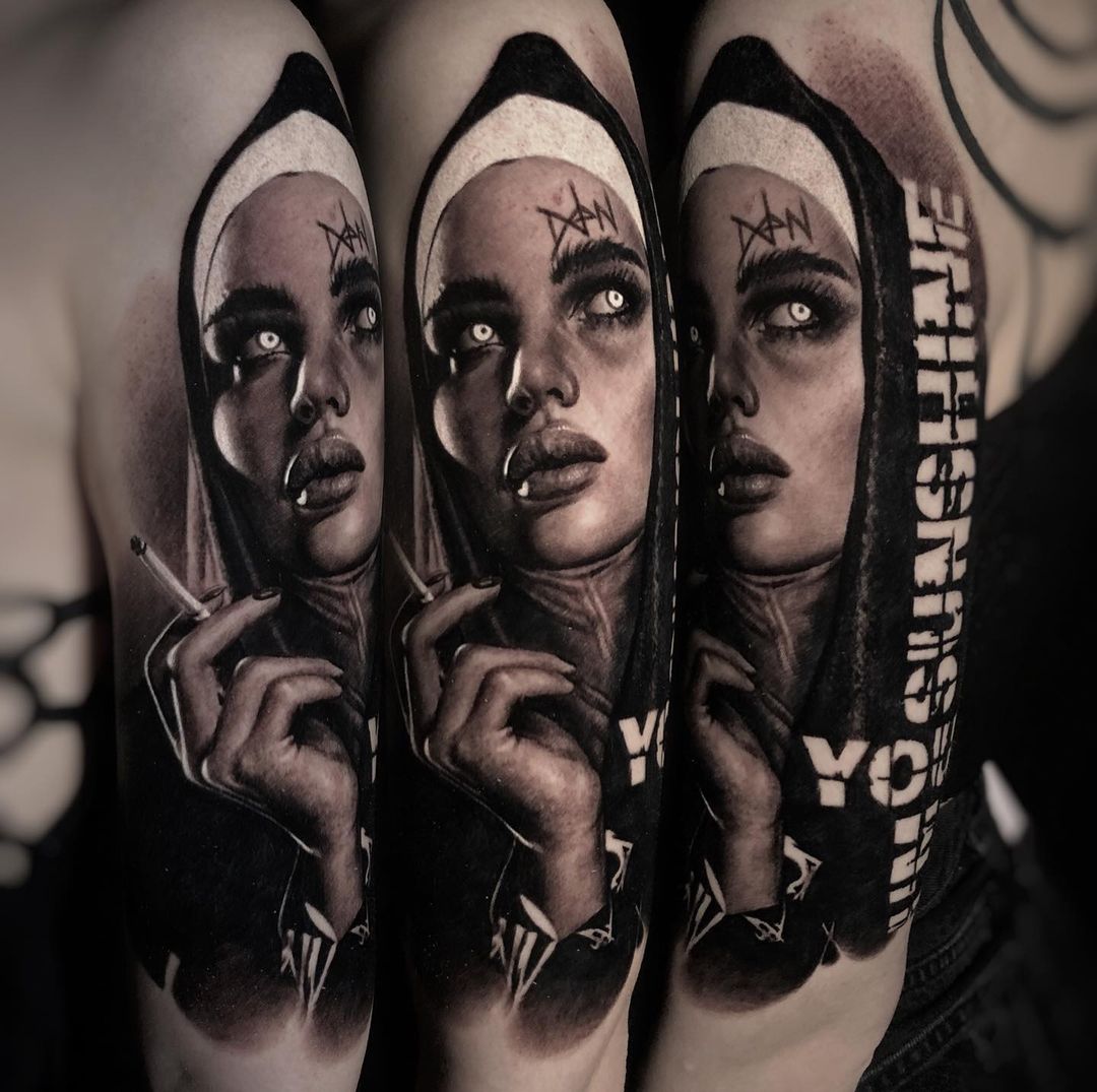 black and grey realism tattoo nun