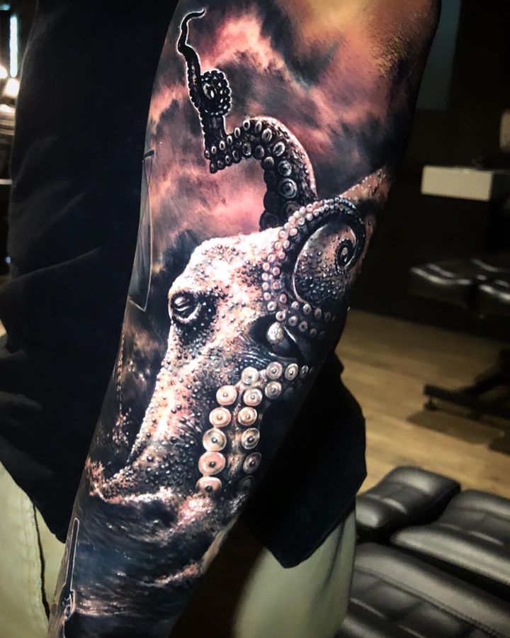 black and grey realism tattoo octopus
