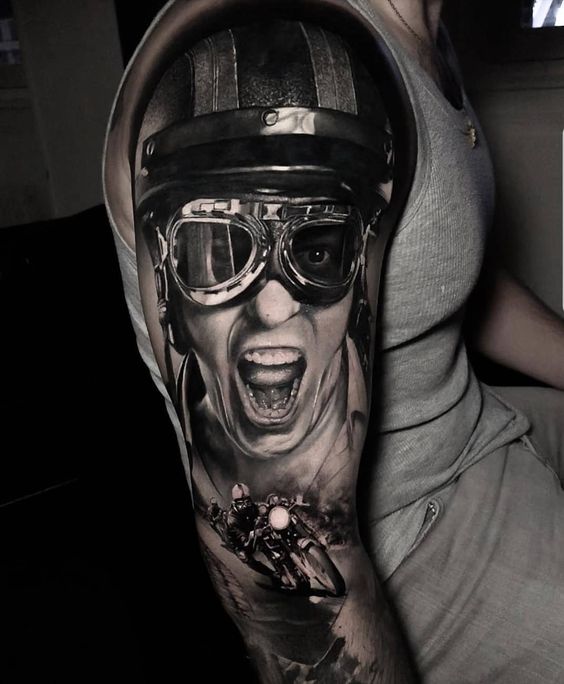 black and grey realism tattoo rider