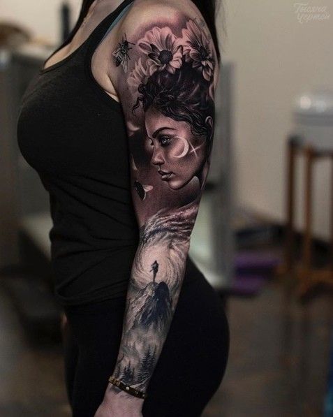 black and grey realism tattoo sleeve for woman