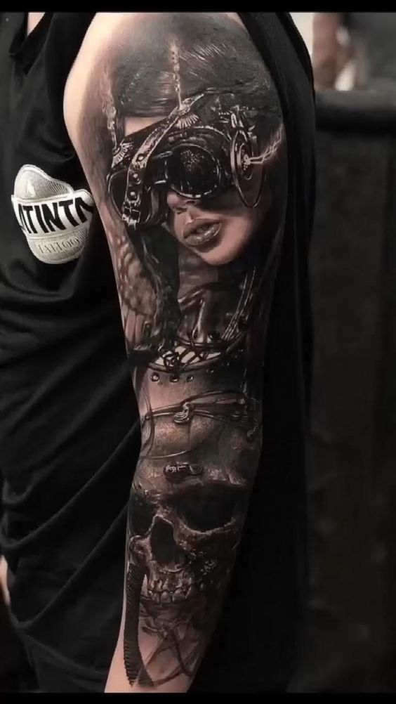 black and grey realism tattoo sleeve