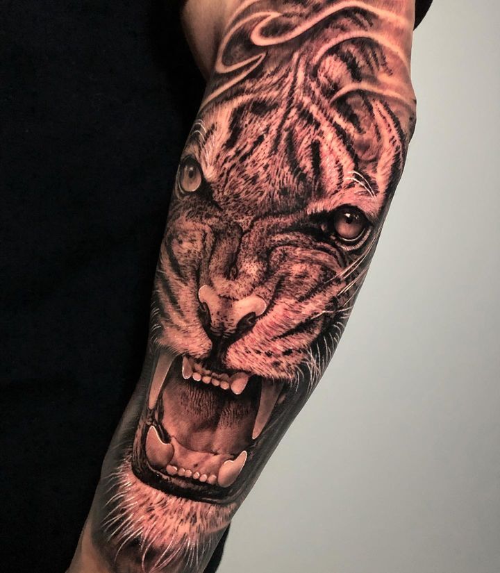 black and grey realism tattoo tiger sleeve