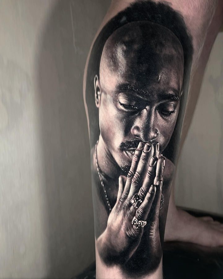 black and grey realism tattoo 2pac