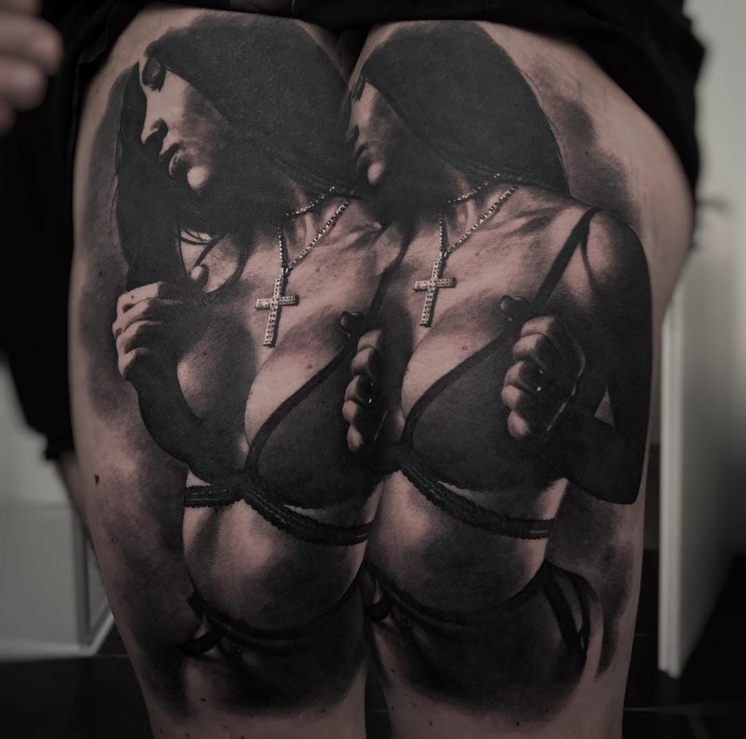 black and grey realism tattoo woman