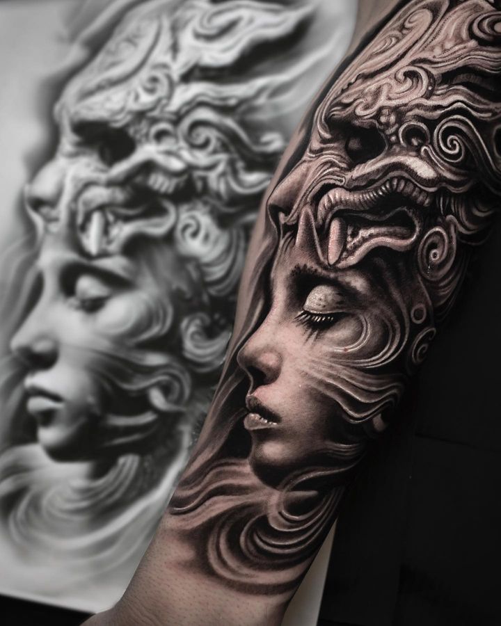 black and grey realistic tattoo portrait woman