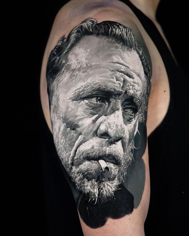 black and grey realistic tattoo portrait
