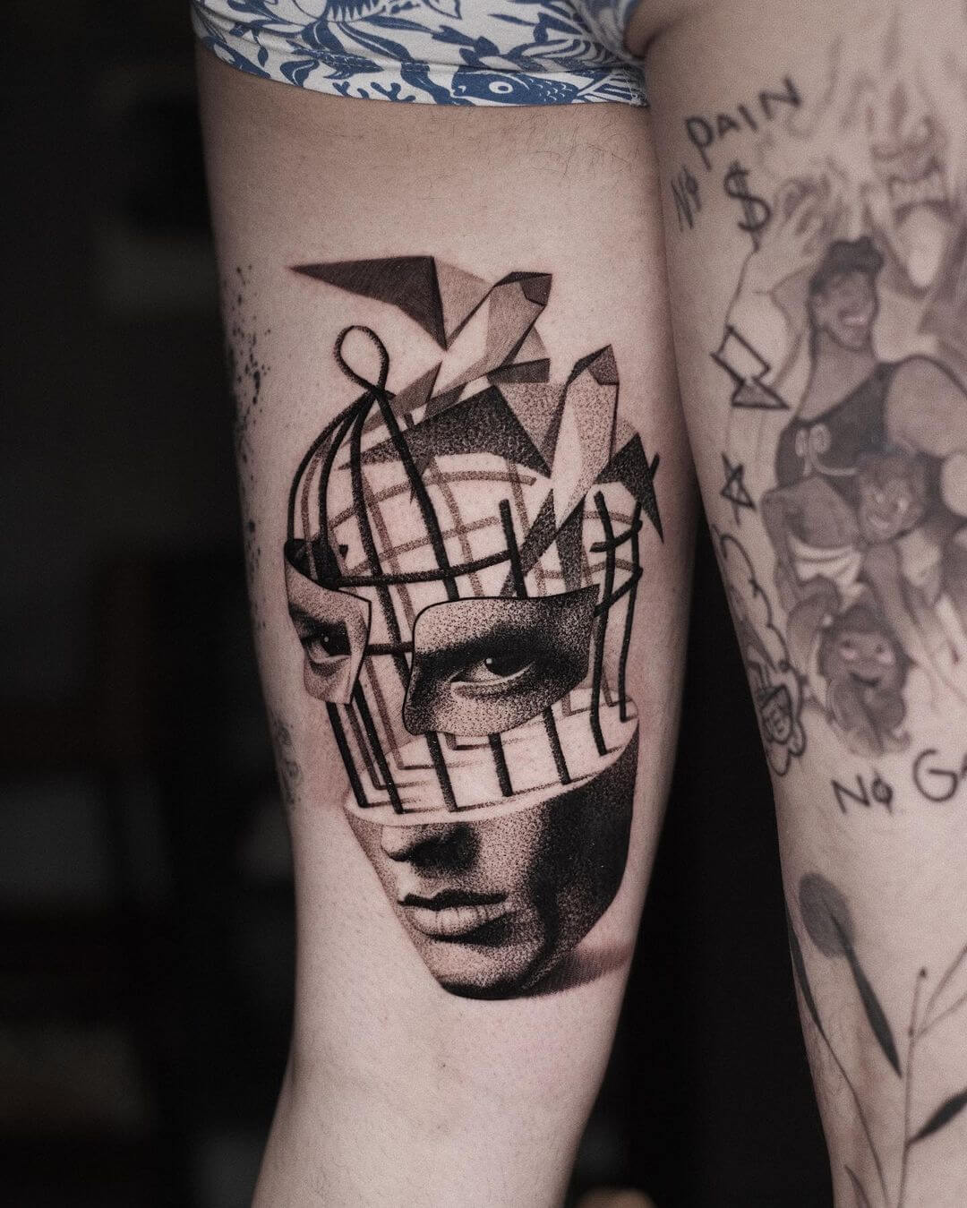 black and grey surrealism tattoo ideas
