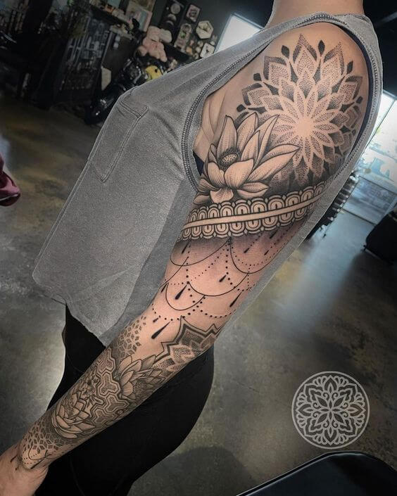 dotwork tattoo sleeve for women.