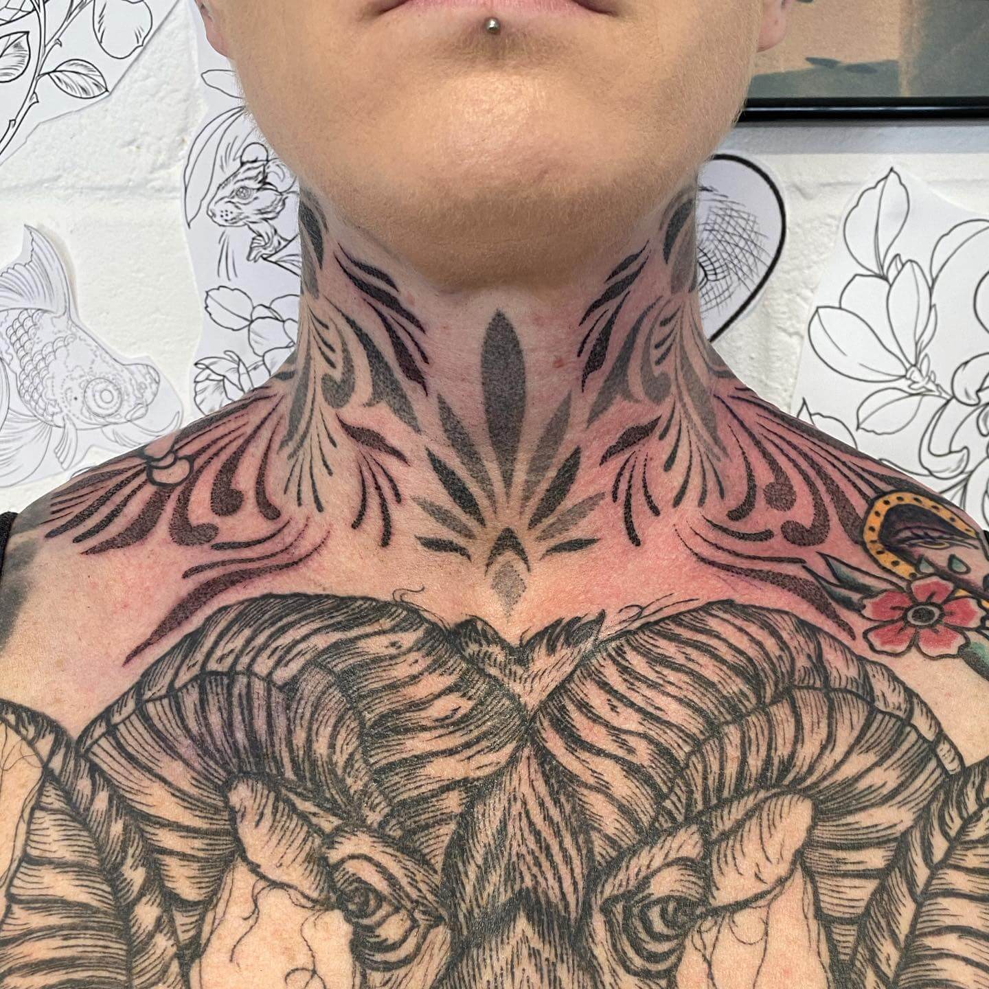Goat Skull Color Ink Tattoo On Neck