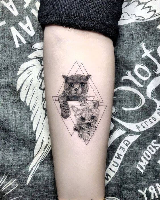 geometric cat and dog tattoo