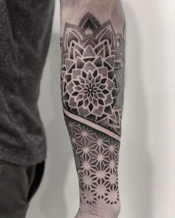 geometric dotwork tattoo design.