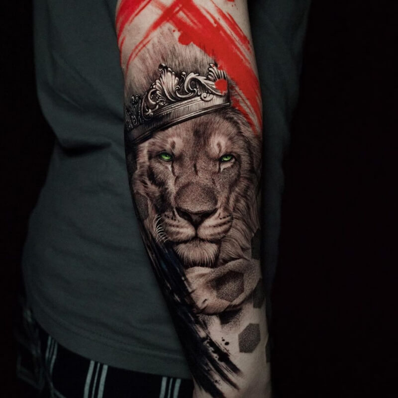 Trash polka tattoo with lion.
