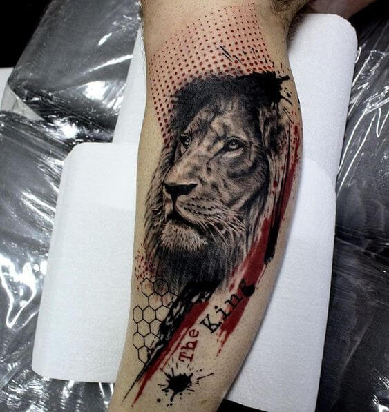 lion trash polka tattoo design.