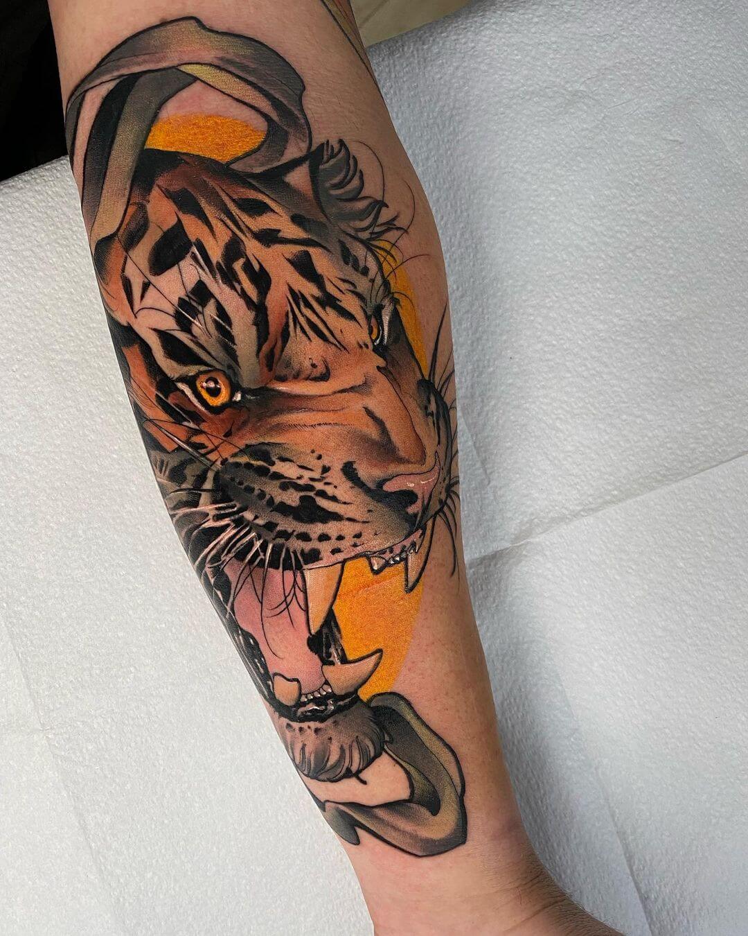 neo traditional tattoo design tiger.