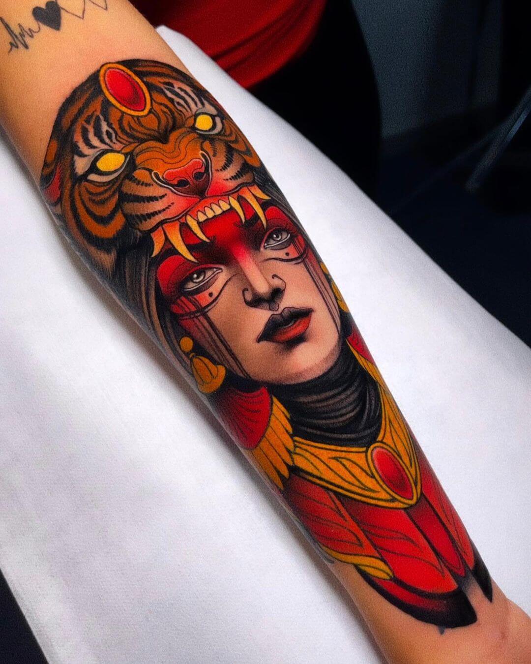 neo traditional tattoo girl with tiger.