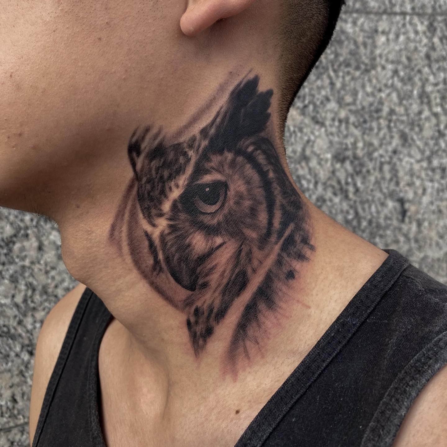 Tattoo uploaded by Alex • #owltattoo #owl #necktattoo #neck #Black  #blackwork • Tattoodo