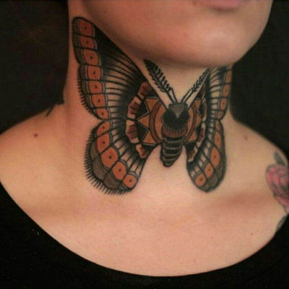 red butterfly tattoo on neck