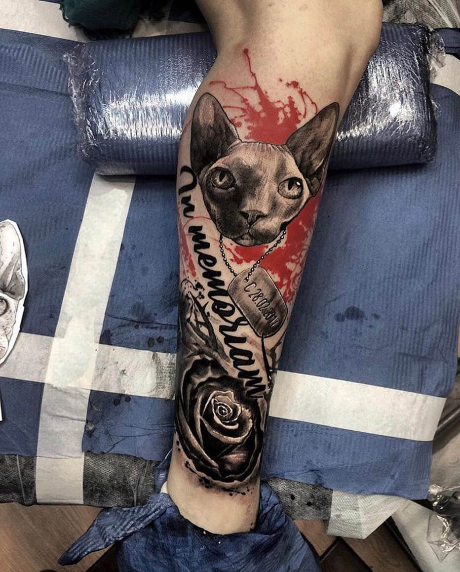 rose and cat trash polka tattoo.