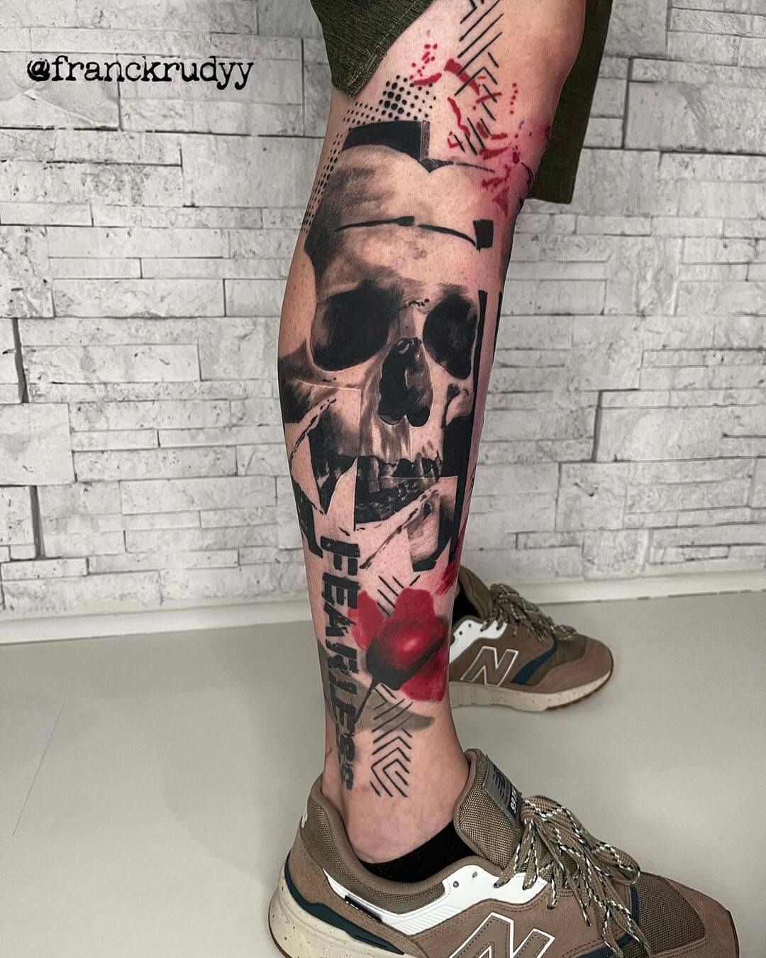 skull roses trash polka tattoo.