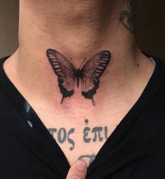 small butterfly front neck tattoo