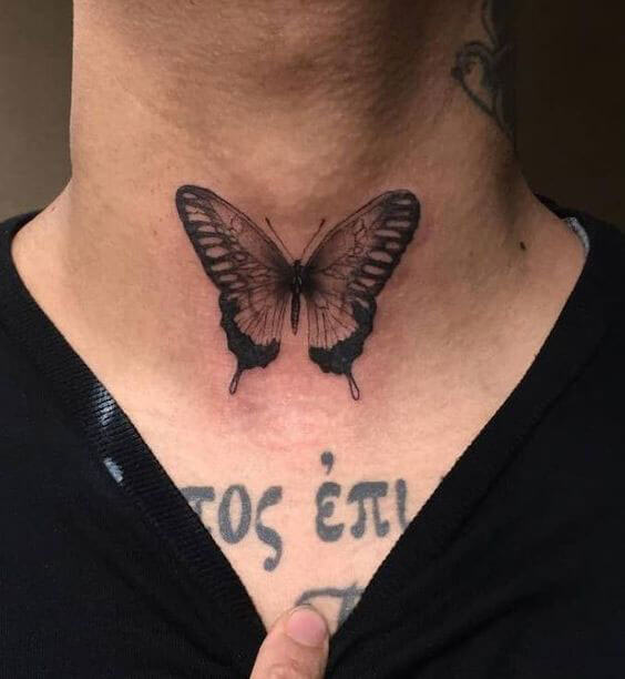 Simple butterfly front neck tattoo