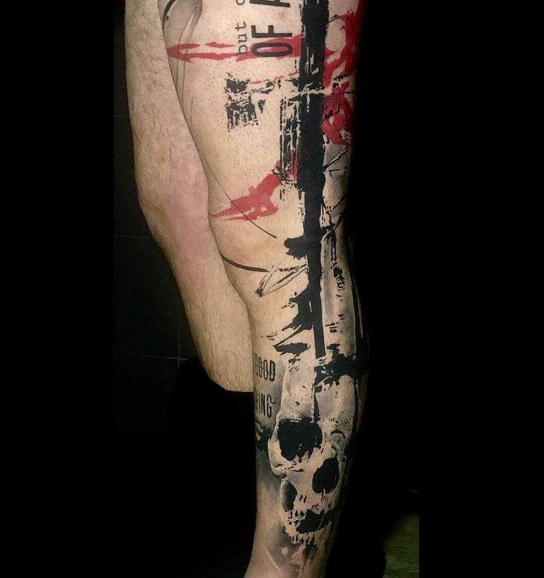 tattoo trash polka skull leg.