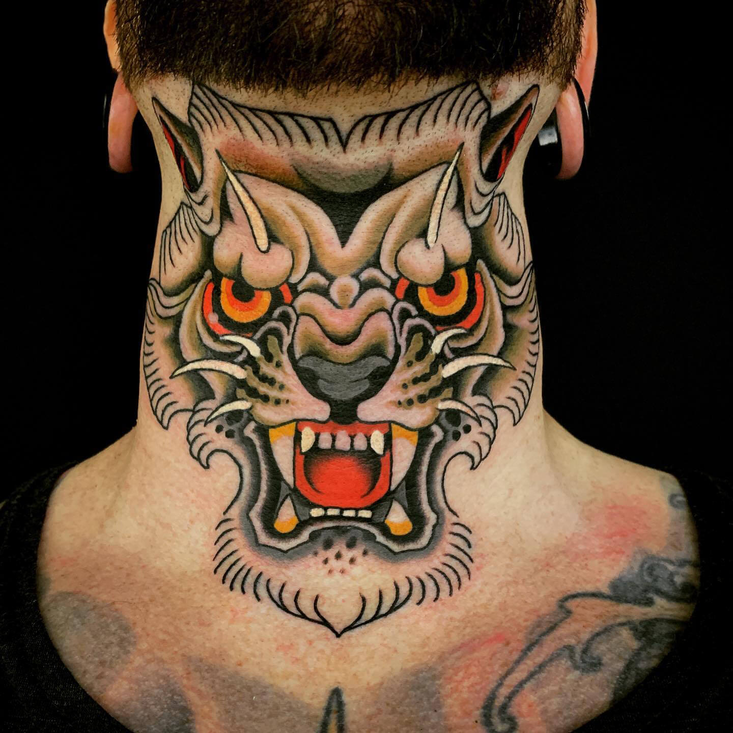 Tattoo uploaded by Chazz hysell • Tiger style cover up #tiger #tigertattoo  #tigerhead #coverup #coveruptattoo #CoverUpTattoos #necktattoo #neck  #traditional #traditionaltattoo #traditionaltattoos #TraditionalArtist  ##color #blastover • Tattoodo