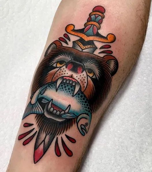 traditional bear tattoo arm