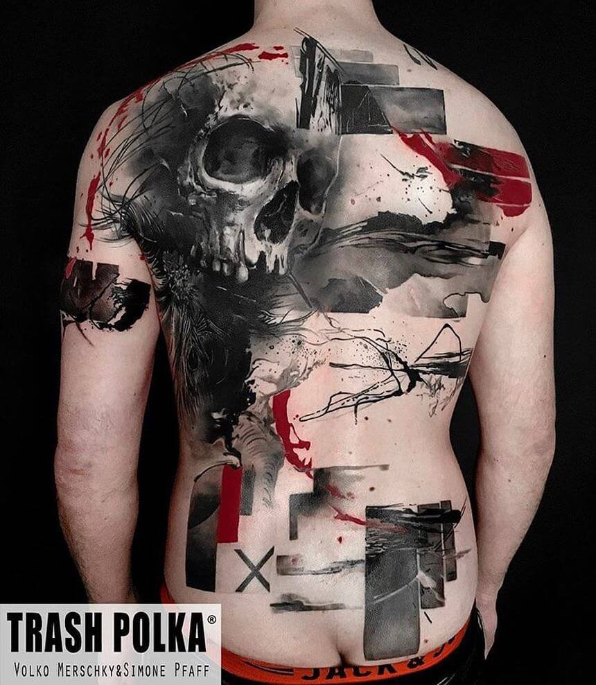 trash polka skull tattoo back.