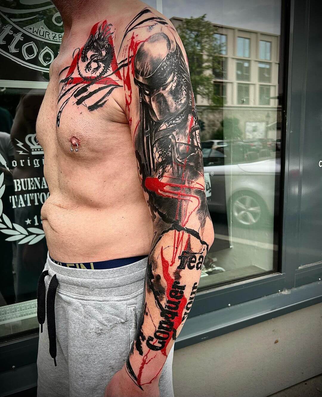 trash polka tattoo man sleeve.