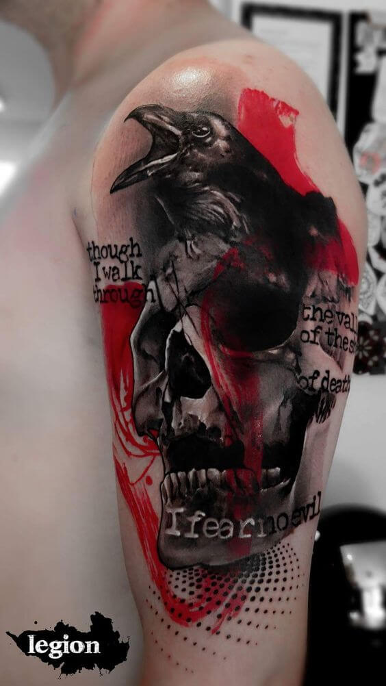 trash polka tattoo skull raven.