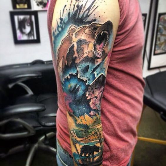 watercolor bear tattoo sleeve