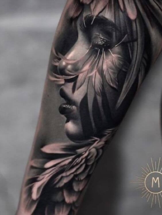 woman black and grey realism tattoo